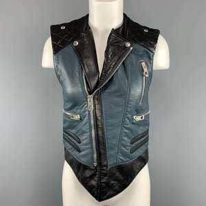 BALENCIAGA Black & Teal Blue Quilted Leather Biker Vest